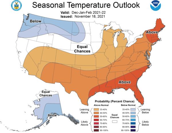 New projections released on November 18, 2021 by NOAA show a strong likelihood that temperatures across much of Georgia will be above average this winter.