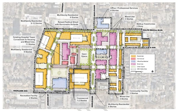 Documents from the Department of City Planning show how the former Atlanta Medical Center site could be turned into a community hub with residential, retail and office space.