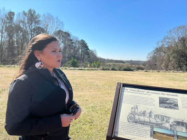 Tracie Revis, the director of advocacy for the Ocmulgee National Park and Preserve Initiative, overlooking the at the Ocmulgee Mounds National Historic Park.