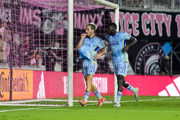 Atlanta United midfielder Saba Lobjanidze #9 celebrates after a goal during the first half of the match against the Inter Miami at Chase Field in Fort Lauderdale, FL on Wednesday May 29, 2024. (Photo by Mitch Martin/Atlanta United)