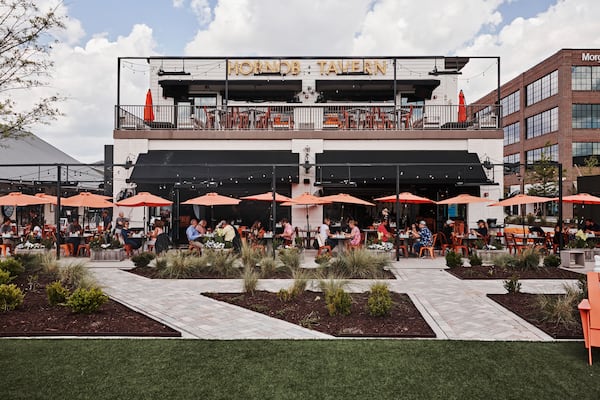 The patios fill up quickly at Hobnob Tavern at its five locations, including here at Halcyon in Alpharetta. Courtesy of Hobnob/Melissa Libby Public Relations