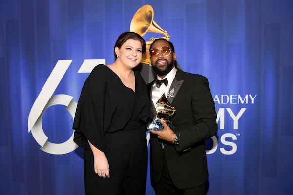 Yebba and PJ Morton pose with their award at the 61st Annual GRAMMY Awards Premiere Ceremony at Microsoft Theater on February 10, 2019 in Los Angeles, California.  (Photo by Emma McIntyre/Getty Images for The Recording Academy)