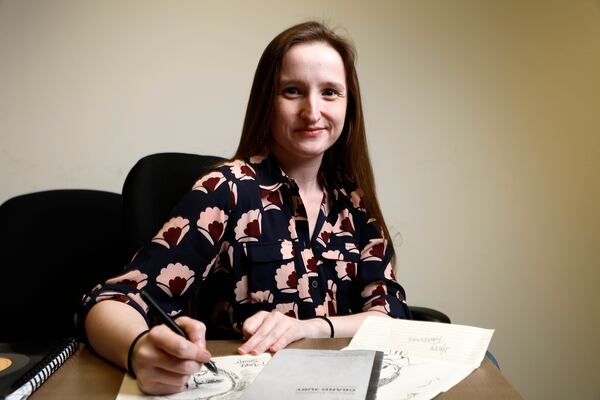 Forewoman of the special purpose grand jury of the Donald Trump inquiry, Emily Kohrs, poses for a photograph at the The Atlanta Journal-Constitution's newsroom on Tuesday, Feb 21, 2023. (Miguel Martinez/The Atlanta Journal-Constitution/TNS)