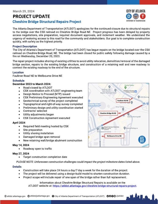 A project update from the Atlanta Department of Transportation estimates that repairs to the Cheshire Bridge will be complete by the end of May.