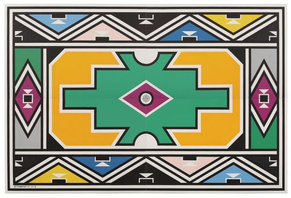 Esther Mahlangu (South African, born 1935), Ndebele Abstract, 2017, acrylic on canvas, The Dean Collection, courtesy of Swizz Beatz and Alicia Keys. © Esther Mahlangu. Photo by Glenn Steigelman.