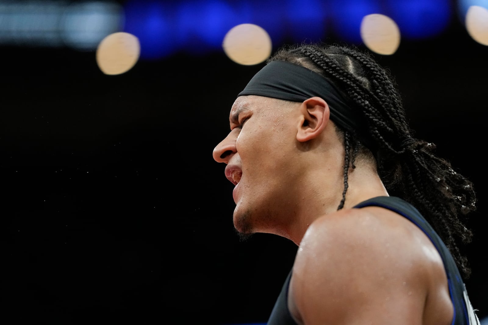 Orlando Magic forward Paolo Banchero reacts to his team falling behind the Chicago Bulls during the second half of an NBA basketball game Wednesday, Oct. 30, 2024, in Chicago. (AP Photo/Erin Hooley)