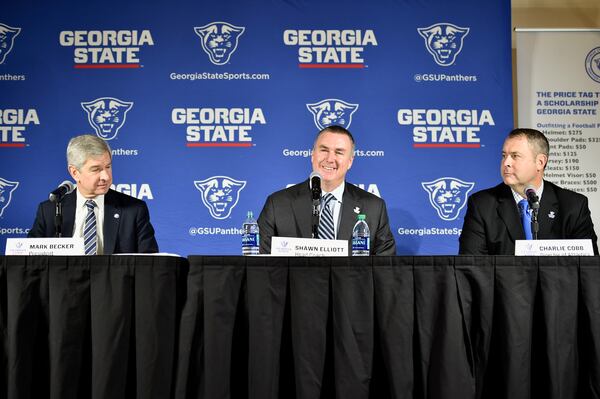 Georgia State coach Shawn Elliott, center, brought in 20 recruits in the 2017 signing class. (DAVID BARNES / DAVID.BARNES@AJC.COM)