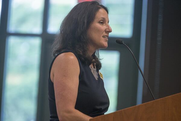 Allison Padilla-Goodman, the southeast regional director of the Anti-Defamation League, thanks members of the Dunwoody City Council for taking up the non-discrimination ordinance Monday evening.  (Alyssa Pointer/alyssa.pointer@ajc.com)