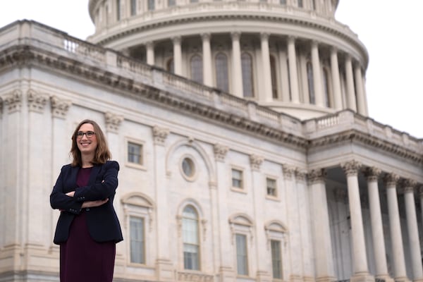 Rep.-elect Sarah McBride, D-Del., poses for a photo as she stands on the Capitol steps, in Washington, Friday, Nov. 15, 2024.