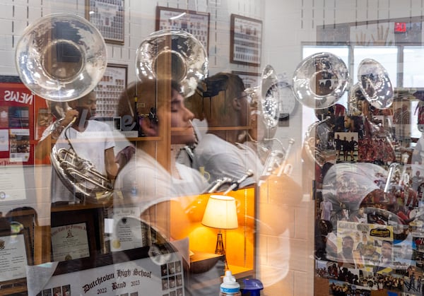 The Sound of Dutchtown high school marching band practices at Dutchtown High School in Hampton on Thursday, May 25, 2023. The band will play at a D-Day commemoration ceremony in France. (Arvin Temkar / arvin.temkar@ajc.com)