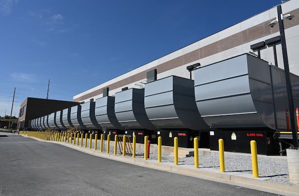 August 31, 2022 Atlanta - Photo shows gigantic generators during a tour of the inside QTS’s Atlanta Data Center Campus in Atlanta on Wednesday, August 31, 2022. QTS Mega Data Center campus, featuring its own on-site Georgia Power substations and direct fiber access to a wide variety of carrier alternatives. (Hyosub Shin / Hyosub.Shin@ajc.com)