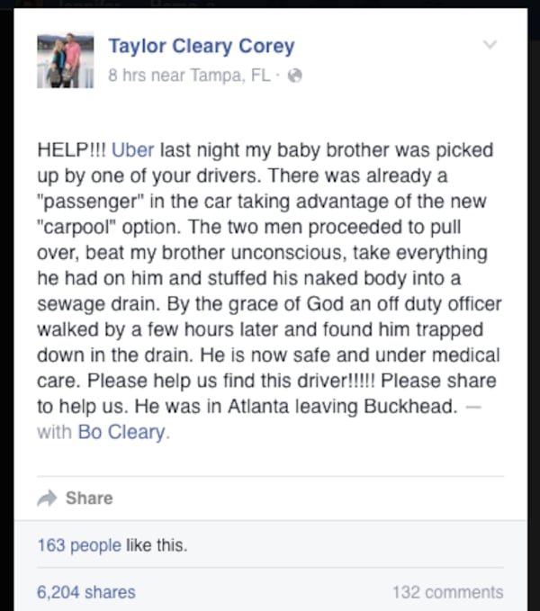 Corey's public plea for answers was shared about 20,000 times. Uber immediately disputed the claim and the Atlanta Police Department's investigation indicated