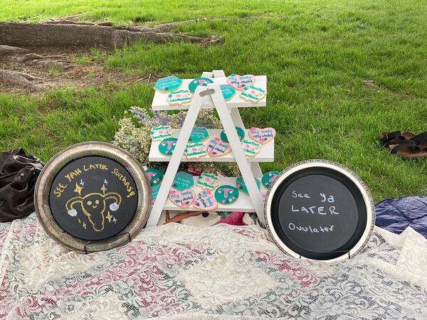 Dani Marietti’s “sterilization shower” in Helena, Montana, features cookies with abortion-rights slogans, such as “My Body, My Choice,” written on them in frosting. (Ellis Juhlin/Yellowstone Public Radio)