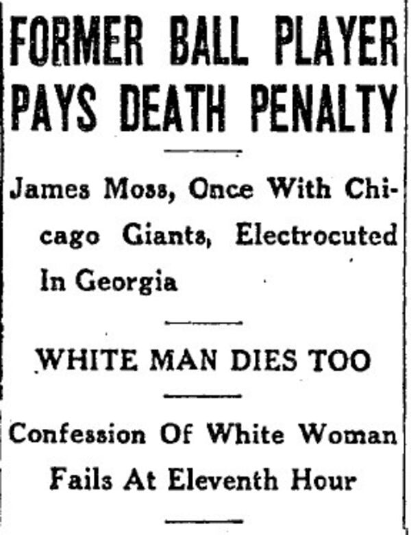 Headline from the Baltimore Afro-American of the execution of Jim Hugh Moss.