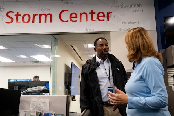 Atlanta Mayor Andre Dickens tours the Georgia Power storm center in Atlanta with Georgia Power CEO Kim Greene on Thursday, Sept. 26, 2024 before Hurricane Helene’s anticipated arrival.   Ben Gray for the Atlanta Journal-Constitution