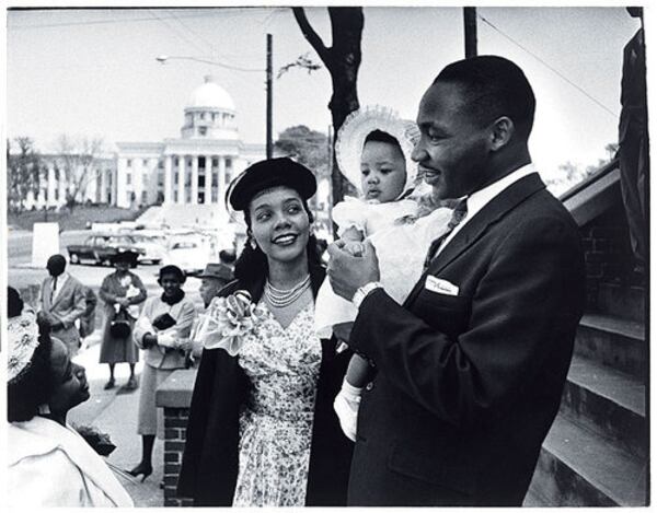 Martin Luther King Jr. with Coretta Scott King and their first child, Yolanda, photographed in 1956 in Montgomery by Dan Weiner.