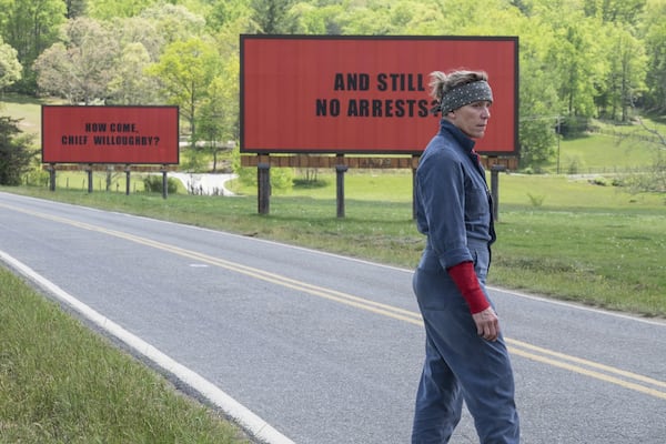 Frances McDormand in a scene from “Three Billboards Outside Ebbing, Missouri,” which is nominated for an Oscar for best picture. Photo courtesy of Fox Searchlight via AP