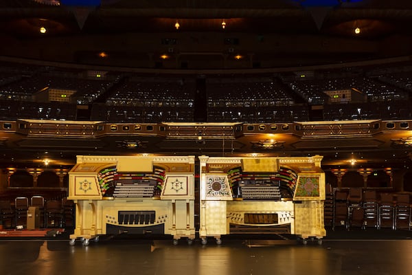 Over the course of the next year, while the Mighty Mo console is being rebuilt, patrons at the Fox Theatre will be hearing a stand-in console, purpose-built by the A.E. Schlueter Pipe Organ Company of Lithonia. Here the two consoles are seen side by side. The understudy is on the left, the original Mighty Mo is on the right. CONTRIBUTED: JO MCCUNE PHOTOGRAPHY/FOX THEATRE