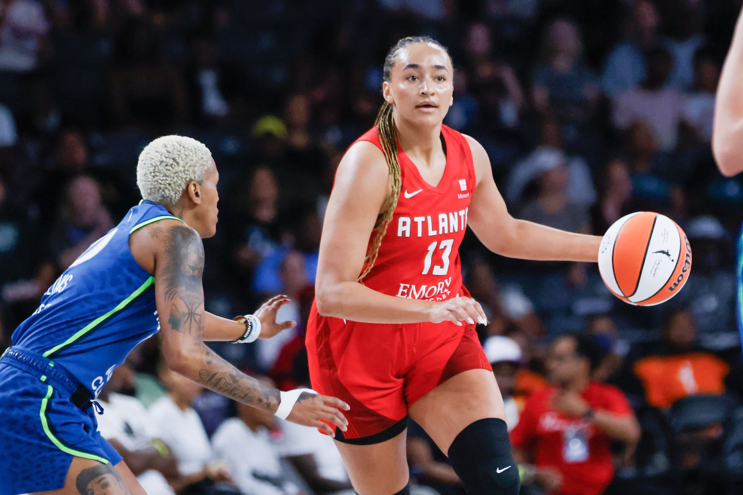 Atlanta Dream guard Haley Jones dribbles during the first half at Gateway Center Arena, Sunday, May 26, 2024, in Atlanta.
(Miguel Martinez / AJC)