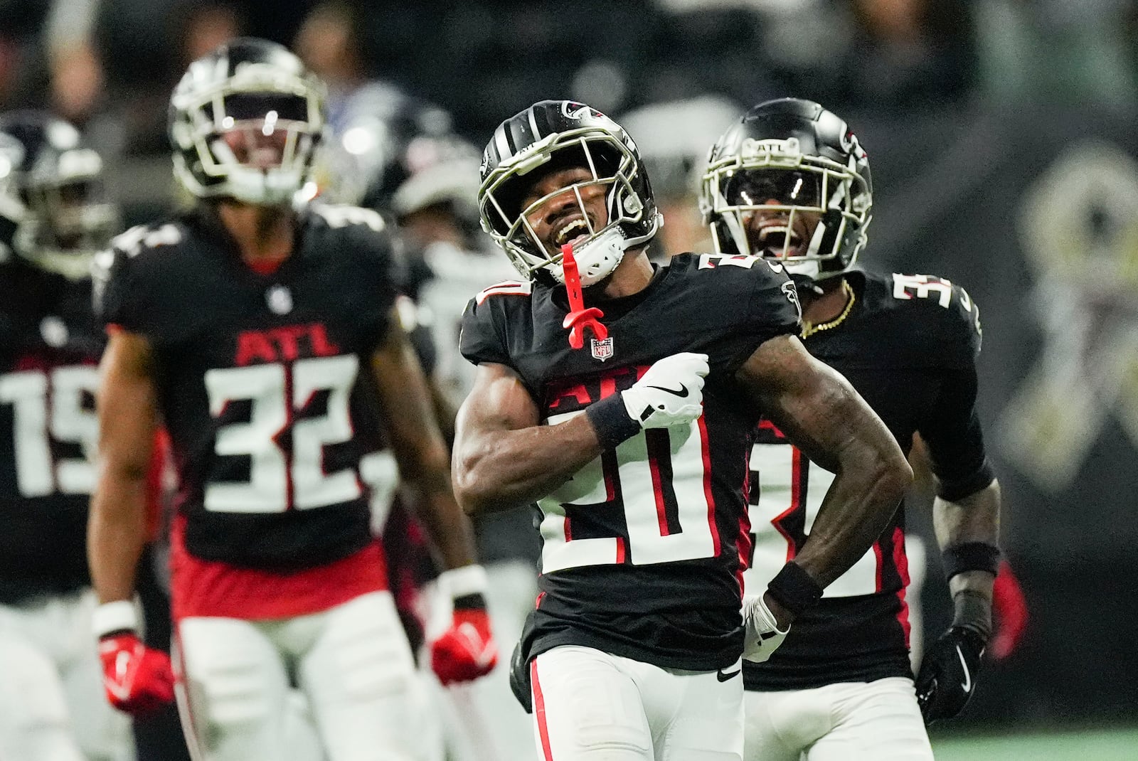 Atlanta Falcons cornerback Dee Alford (20) reacts after a defensive stop on fourth down during the second half of an NFL football game against the Dallas Cowboys, Sunday, Nov. 3, 2024, in Atlanta. (AP Photo/ John Bazemore)