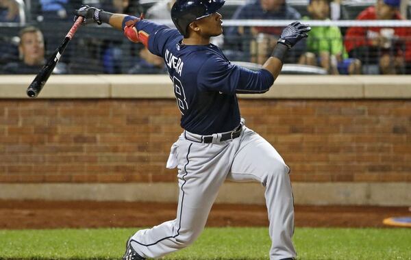 Hector Olivera, shown here on a home run at Philadelphia, was rated the Braves' No. 1 prospect by Baseball America when it announced its Atlanta top 10 last week. (AP photo)