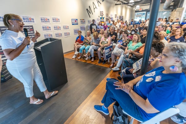 Karen Davenport speaks to the crowd during the Biden-Harris and Georgia Democrats for DeKalb County Office Opening in Decatur on Saturday, July 6, 2024. .  (Steve Schaefer / AJC)