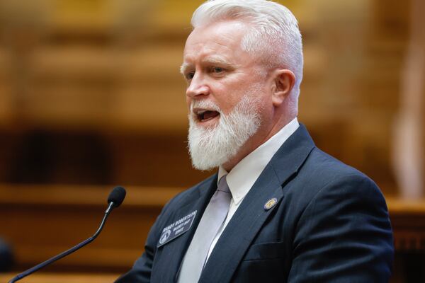 Sen. Randy Robertson (R-29) talks about the bill that would increase penalties for pimping and pandering on Tuesday, February 7, 2023. (Natrice Miller/ Natrice.miller@ajc.com)