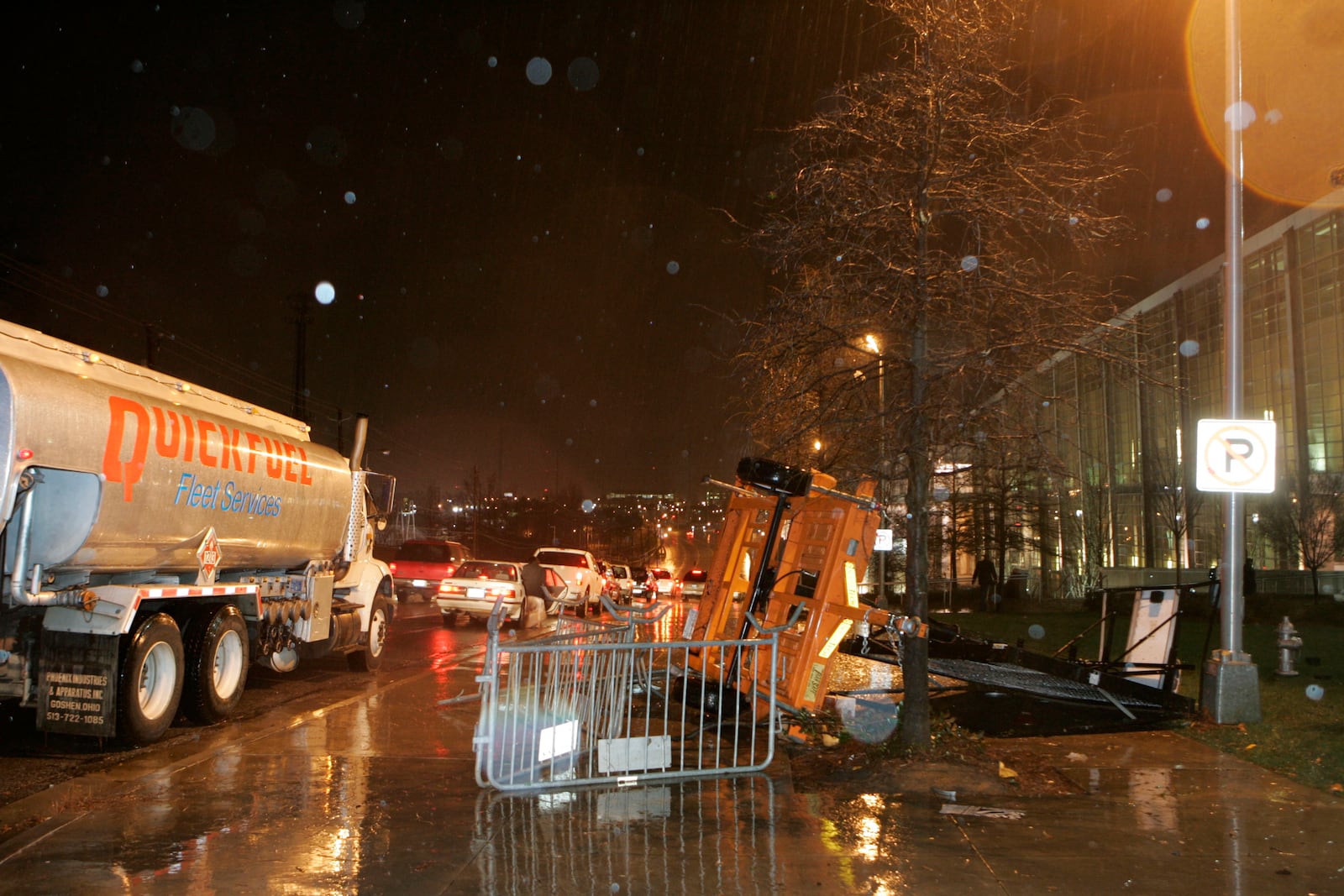 FILE - Barricades are overturned in front of the Georgia World Congress Center, next to the Georgia Dome in Atlanta, March 14, 2008. (AP Photo/Bill Haber, File)