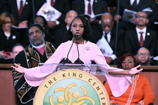 Kemina Lane delivers a tribute to Coretta Scott King during the 57th Martin Luther King, Jr. Beloved Community Commemorative Service at Ebenezer Baptist Church, Monday, January 20, 2025, in Atlanta. (Hyosub Shin / AJC)