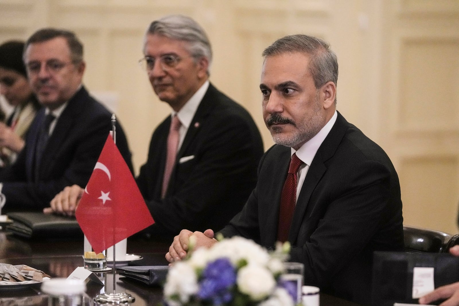 Turkish Foreign Minister Hakan Fidan, takes part in a meeting with his Greek counterpart, in Athens, Greece, Friday, Nov. 8, 2024. (AP Photo/Thanassis Stavrakis)