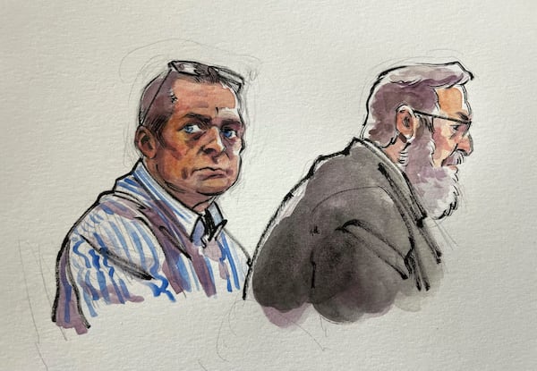 In this courtroom sketch, Richard Allen, left, is seated next to one of his defense attorneys, Andrew Baldwin, inside a courtroom at the Carroll County Courthouse in Delphi, Ind. on Saturday, Nov. 2, 2024. (Li Buszka via AP, Pool)