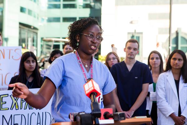 Janice Bonsu, MD, MPH, speaks during a press conference on Tuesday, September 27, 2022, held by doctors and healthcare professionals concerned with the closure of Atlanta Medical Center at Grady Hospital in Atlanta. Due to limited space and resources at Grady Hospital, the group called for Medicaid expansion to mitigate the effects of Atlanta Medical Center's closure. CHRISTINA MATACOTTA FOR THE ATLANTA JOURNAL-CONSTITUTION.
