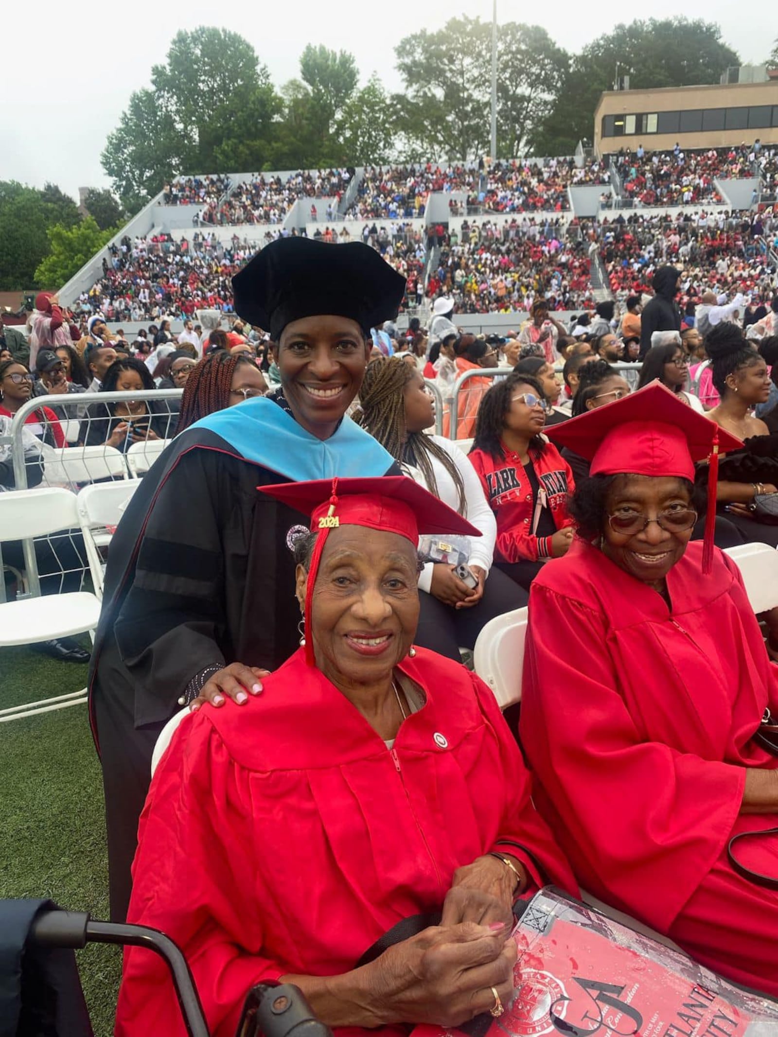 Dr. Lorri Saddler, vice president of alumni relations at Clark Atlanta University, with alumnae Margaret Aiken Jacobs '44 (102) and Emma Dudley '54 (93), celebrating the Class of 2024. Courtesy of Clark Atlanta University's Facebook.