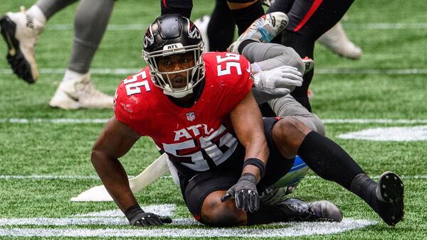 Falcons defensive end Dante Fowler (56) reacts during the second half against the Detroit Lions, Sunday, Oct. 25, 2020, in Atlanta. The Detroit Lions won 23-22. (AP Photo/Danny Karnik)