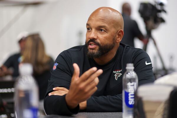 Atlanta Falcons defensive coordinator Jimmy Lake talks during media availability during OTAs, Wednesday, June 5, 2024, in Flowery Branch, Ga. (Jason Getz / AJC)
