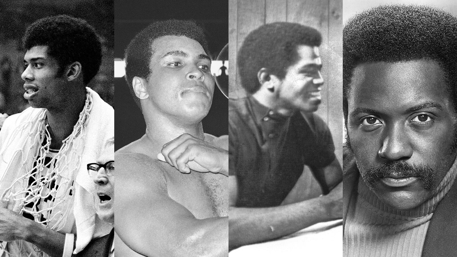 Afros as a statement of masculinity in the 1970s: basketball legend Lew Alcindor (later known as Kareem Abdul-Jabbar) in 1968; boxer Muhammad Ali in 1975; musician James Brown, in 1970, when he wasn't conking his hair; actor Richard Roundtree, famous for portraying "Shaft," seen here in 1973. (AP file; CBS Television)