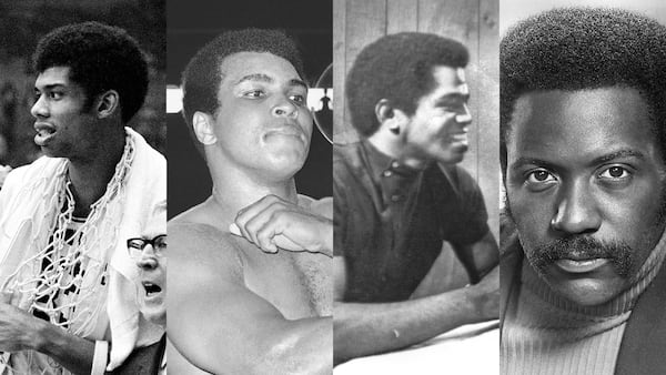 Afros as a statement of masculinity in the 1970s: basketball legend Lew Alcindor (later known as Kareem Abdul-Jabbar) in 1968; boxer Muhammad Ali in 1975; musician James Brown, in 1970, when he wasn't conking his hair; actor Richard Roundtree, famous for portraying "Shaft," seen here in 1973. (AP file; CBS Television)