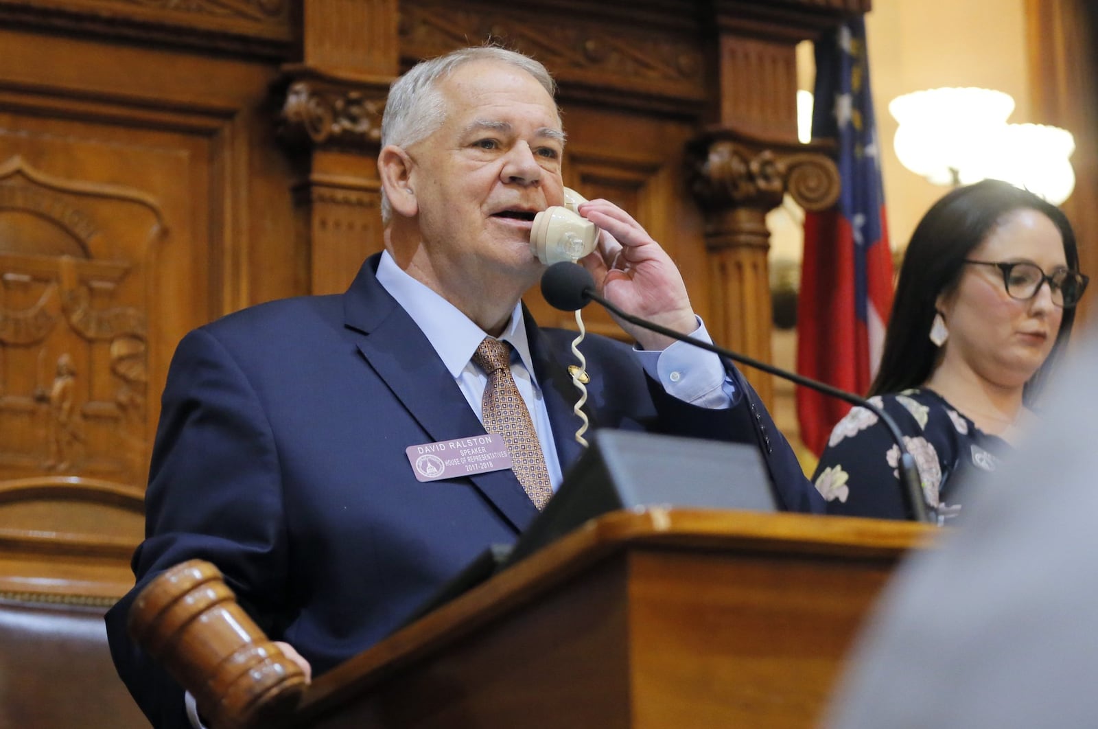 House Speaker David Ralston talks on the phone to Lt. Gov. Casey Cagle in the Senate as they prepare to adjourn on the final day of the General Assembly’s 2018 session. BOB ANDRES /BANDRES@AJC.COM