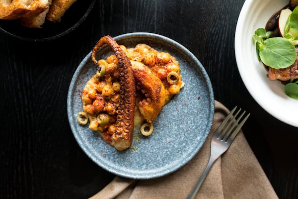 Pulpo a la Plancha tapas, cast iron seared octopus, sobrasada sausage, chickpea and olive. Photo credit- Mia Yakel.