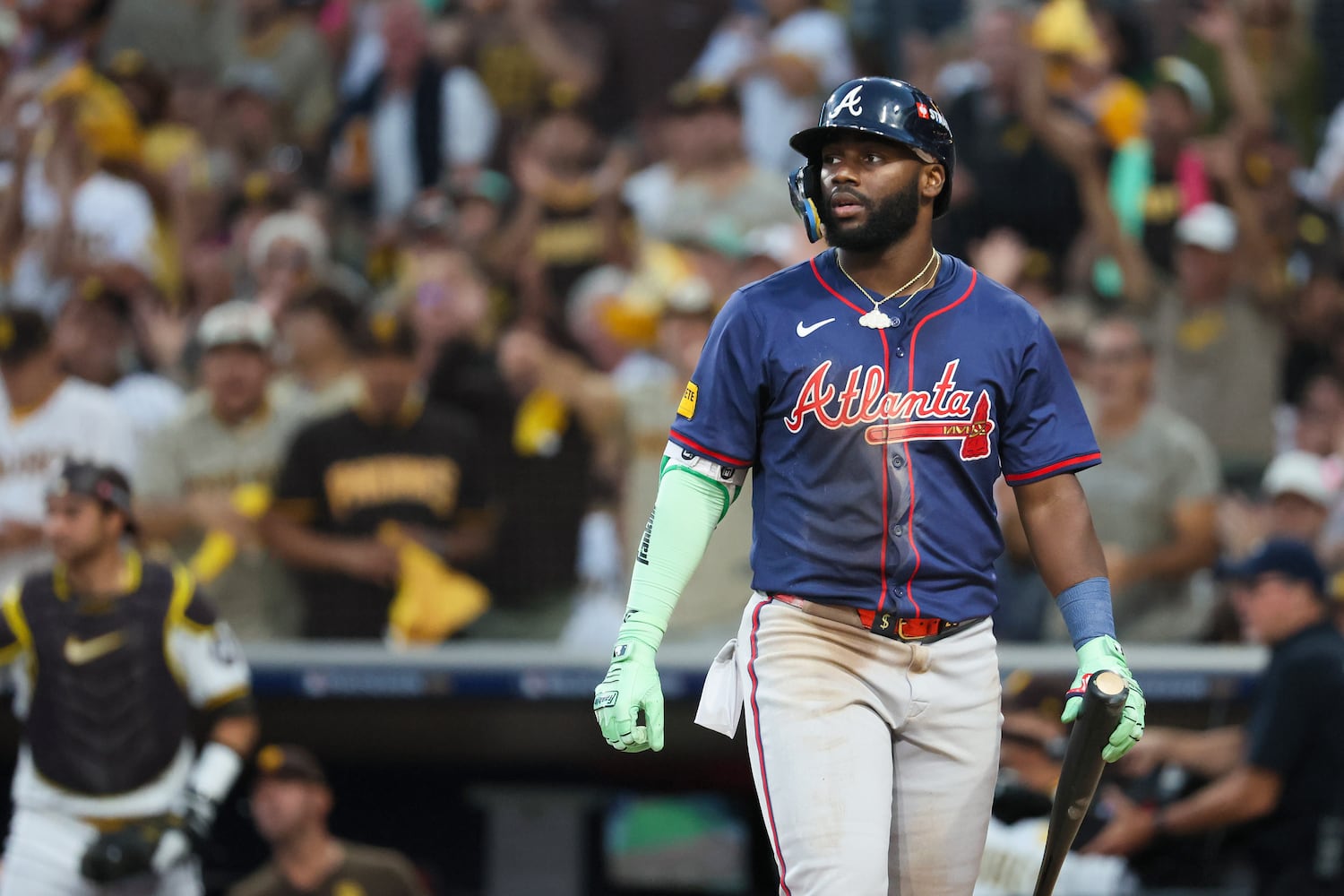 Atlanta Braves’ Michael Harris reacts after a pop fly against the San Diego Padres during the third inning of National League Division Series Wild Card Game Two at Petco Park in San Diego on Wednesday, Oct. 2, 2024.   (Jason Getz / Jason.Getz@ajc.com)