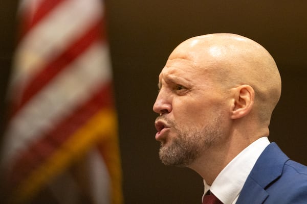 Max Schardt, attorney for Shannon Stillwell, makes closing arguments during the YSL trial at Fulton County Courthouse in Atlanta on Monday, November 25, 2024. (Arvin Temkar / AJC)