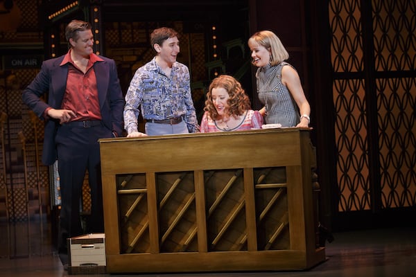 From "Beautiful: The Carole King Musical" - (l to r) Curt Bouril ( Don Kirshner ), Ben Fankhauser ( Barry Mann ), Abby Mueller ( Carole King ) and Becky Gulsvig ( Cynthia Weil ). Photo: Joan Marcus