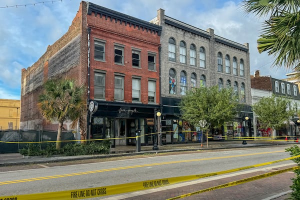 Police tape blocking off part of Broughton Street due to a collapsed building on Friday, September 27, 2024 in Savannah, GA. (AJC Photo/Katelyn Myrick)
