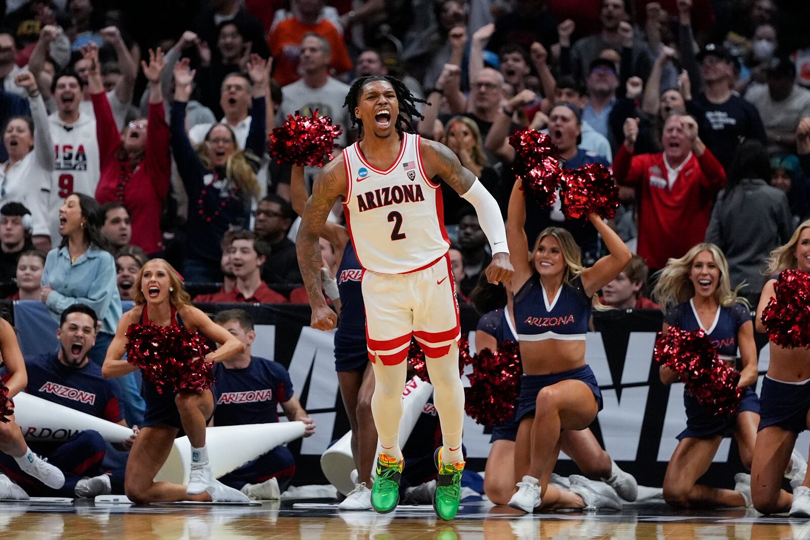 FILE - Arizona guard Caleb Love (2) celebrates after scoring during the second half of a Sweet 16 college basketball game against Clemson in the NCAA tournament Thursday, March 28, 2024, in Los Angeles. (AP Photo/Ryan Sun, File)