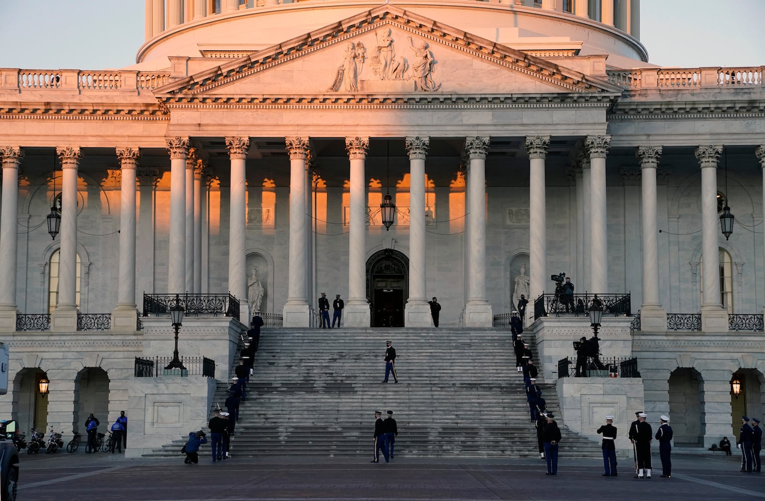 Military personnel gather at the U.S. Capitol in Washington on Wednesday morning, Jan. 20, 2021, hours before the presidential inauguration of Joe Biden. (Amr Alfiky/The New York Times)