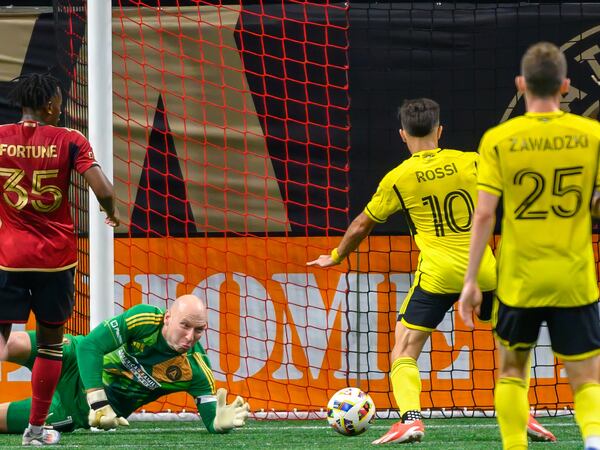 Brad Guzan is unable to stop a goal in the first half of the Atlanta United game against Columbus Crew at Mercedes Benz Stadium in Atlanta, GA on July 20, 2024. (Jamie Spaar for the Atlanta Journal Constitution)