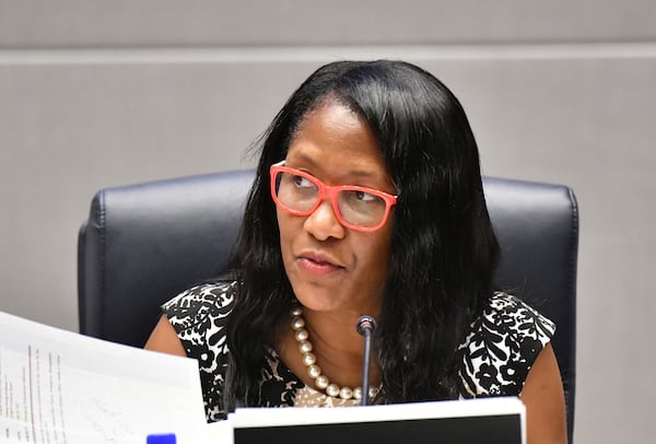 Commissioner Natalie Hall during a commissioner meeting at the Fulton County government building in Atlanta on Wednesday, July 14, 2021. (Hyosub Shin / Hyosub.Shin@ajc.com)