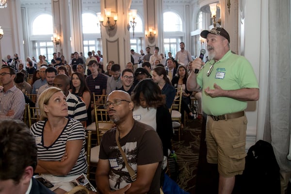 Atlanta Beltline supporter Rick Hudson asks questions during a recent public forum on MARTA’s proposed Atlanta expansion. Supporters for various projects are jockeying to be included in the final project list. STEVE SCHAEFER / SPECIAL TO THE AJC