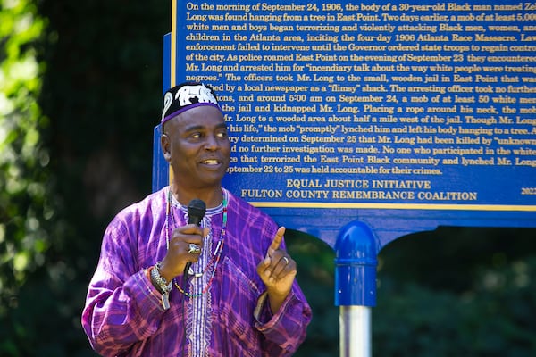 Christopher Swain speaks during the dedication of a historical marker for Zeb Long, a lynching victim from the 1906 Atlanta Race Massacre, on Saturday, September 24, 2022, at Sumner Park in East Point. CHRISTINA MATACOTTA FOR THE ATLANTA JOURNAL-CONSTITUTION