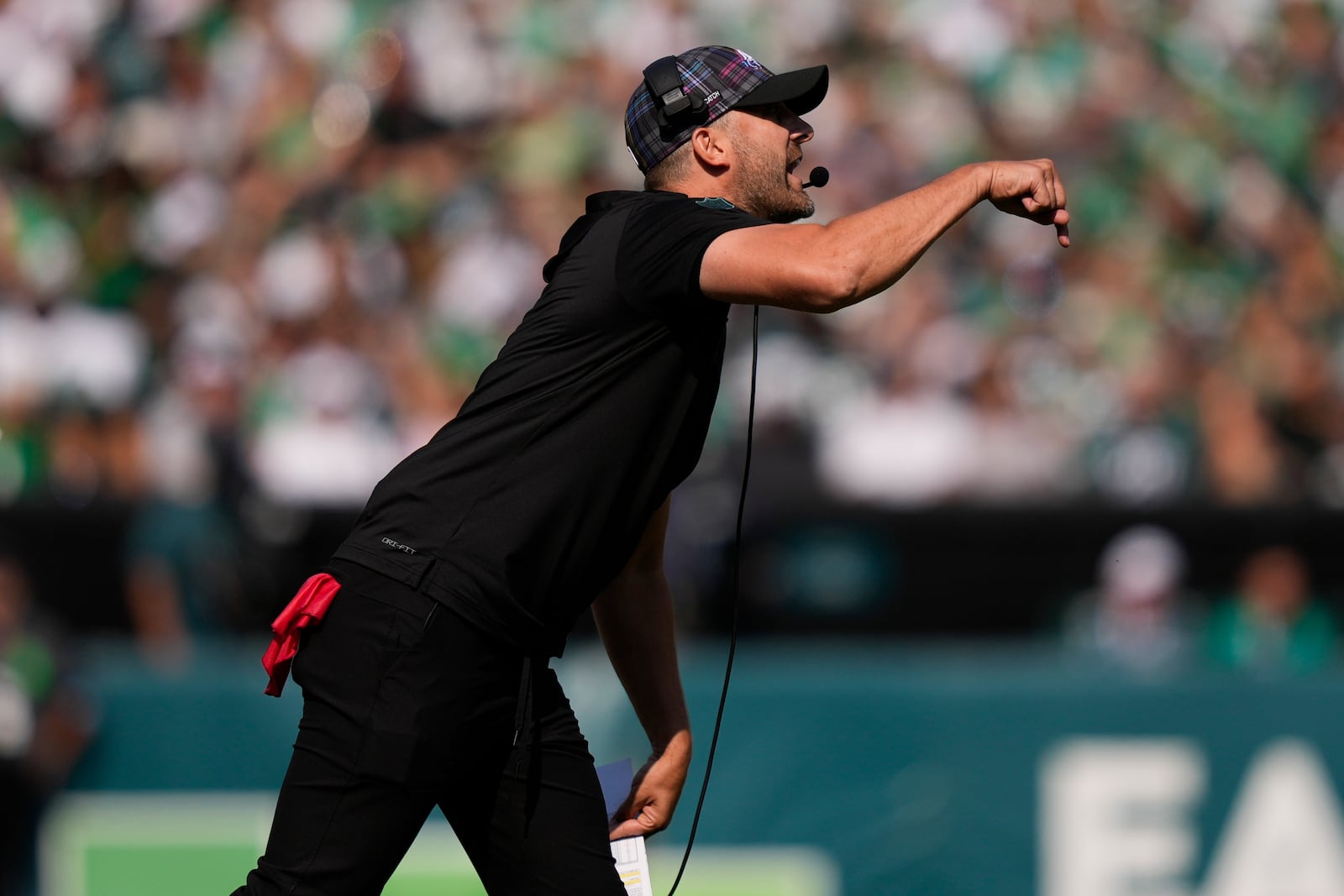 Philadelphia Eagles head coach Nick Sirianni gestures during the first half of an NFL football game against the Cleveland Browns on Sunday, Oct. 13, 2024, in Philadelphia. (AP Photo/Matt Slocum)